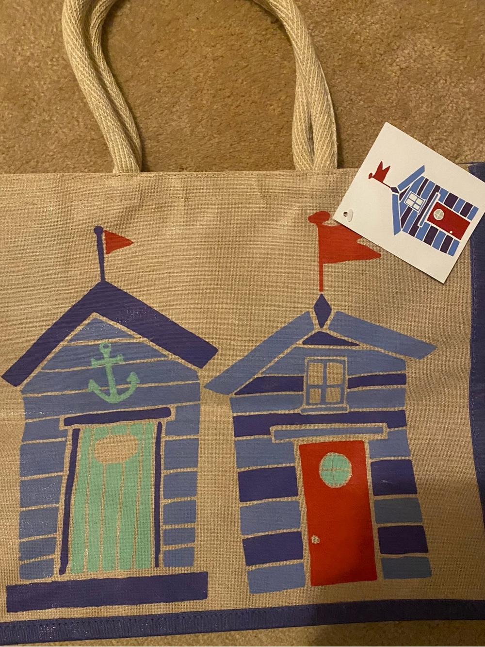 New with Tags Waitrose Beach Huts Large Juco Tote Bag- Shopper- Tan -Blue -Red